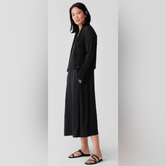 Eileen Fisher Women Sz Ps Black Crinkle Silk Jacket 3/4 Sleeve Open Front